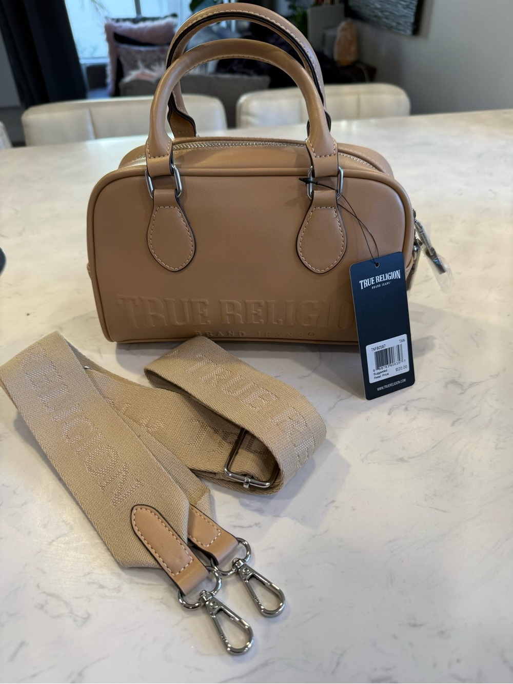 True Religion Beige Leather Dome Satchel with Removable Canvas Strap